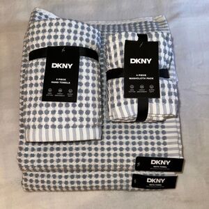 DKNY Bath Towel Set Dusty Blue White Pattern 8 Pieces Total NWT